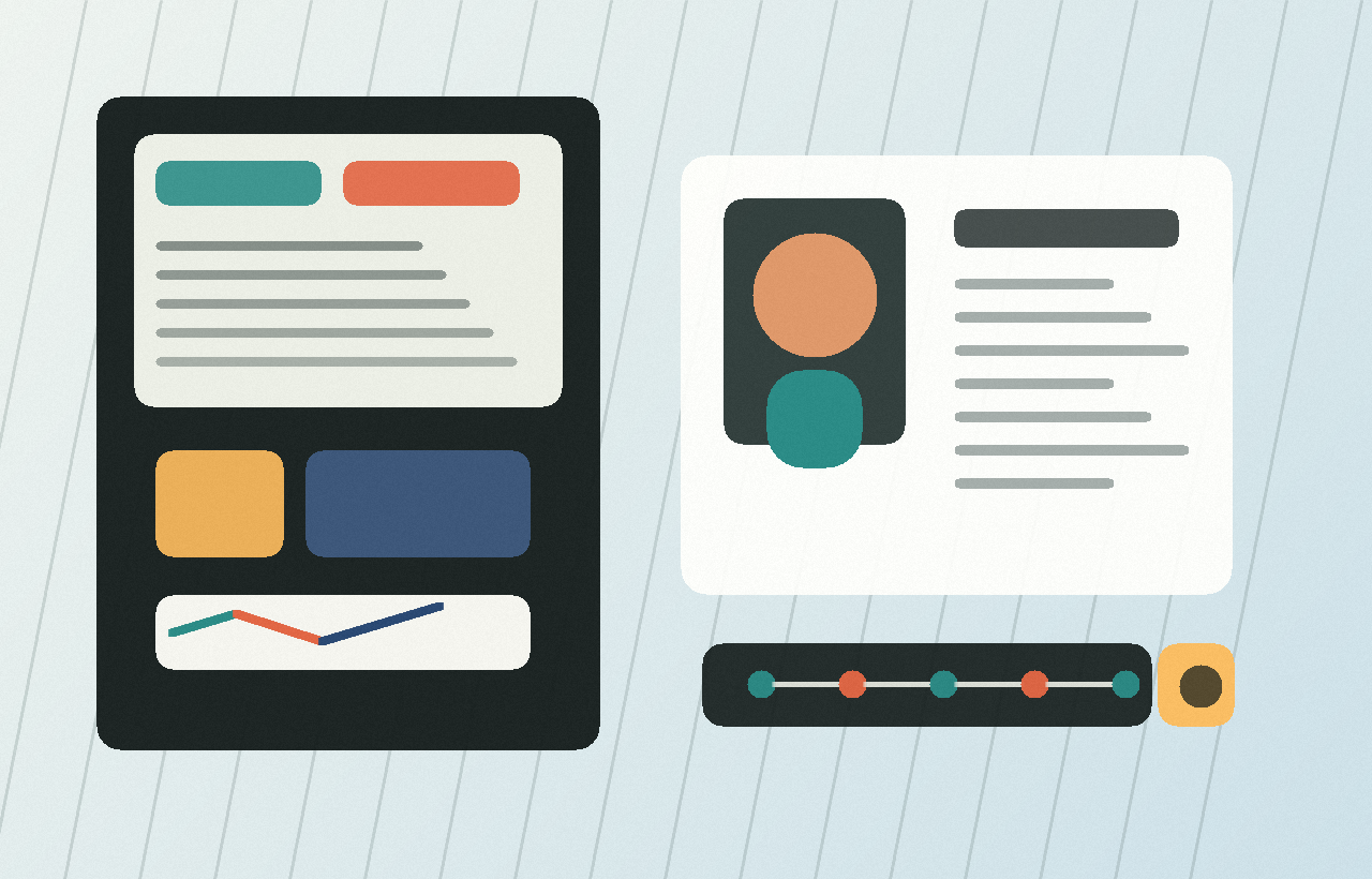 Abstract portfolio collage with project panels, timeline nodes, and workspace details.